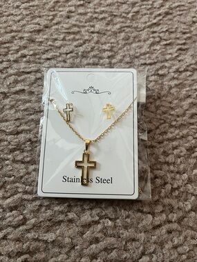Gold Cross Necklace and Earring Set - Stainless Steel